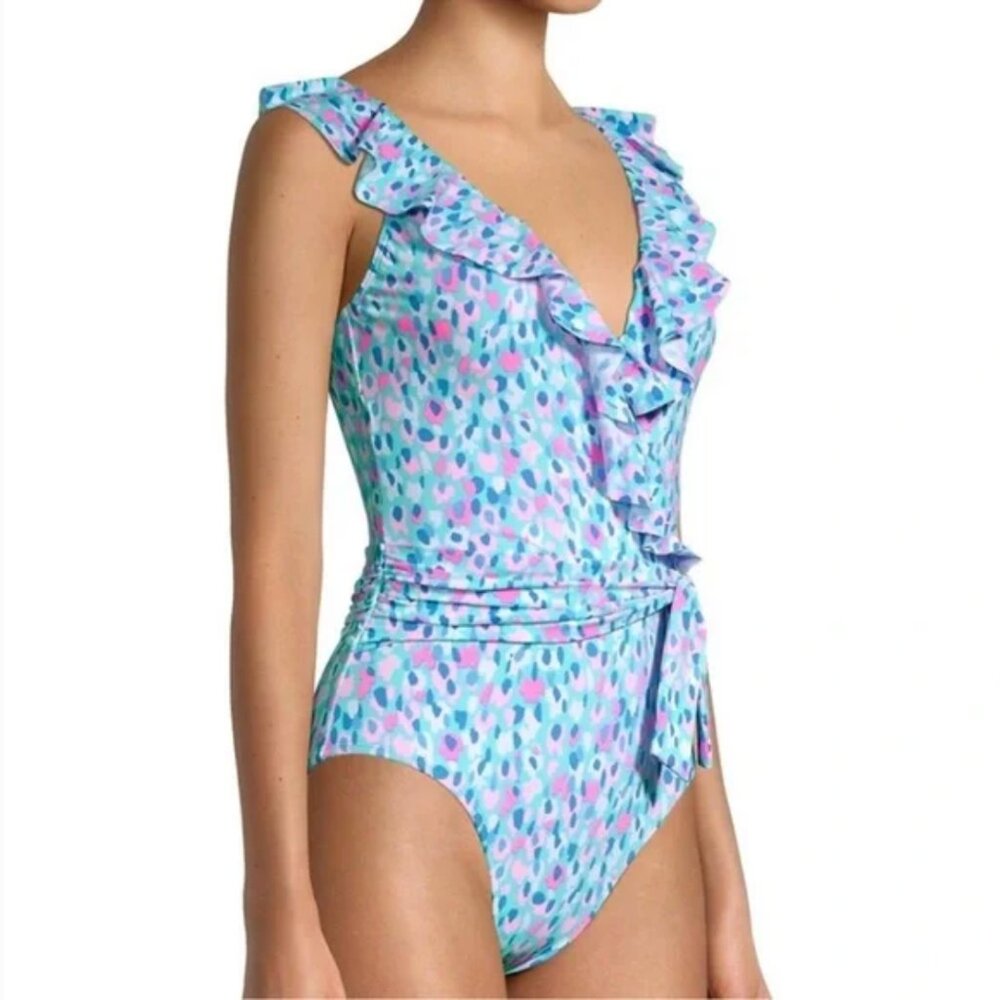 Lilly Pulitzer Delphie Ruffled Blue Ibiza Hottie Dottie One Piece Swimsuit, 6